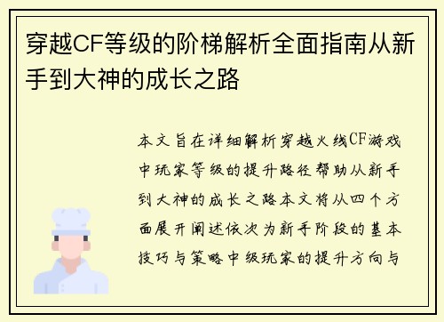 穿越CF等级的阶梯解析全面指南从新手到大神的成长之路