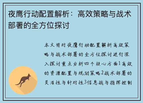 夜鹰行动配置解析：高效策略与战术部署的全方位探讨